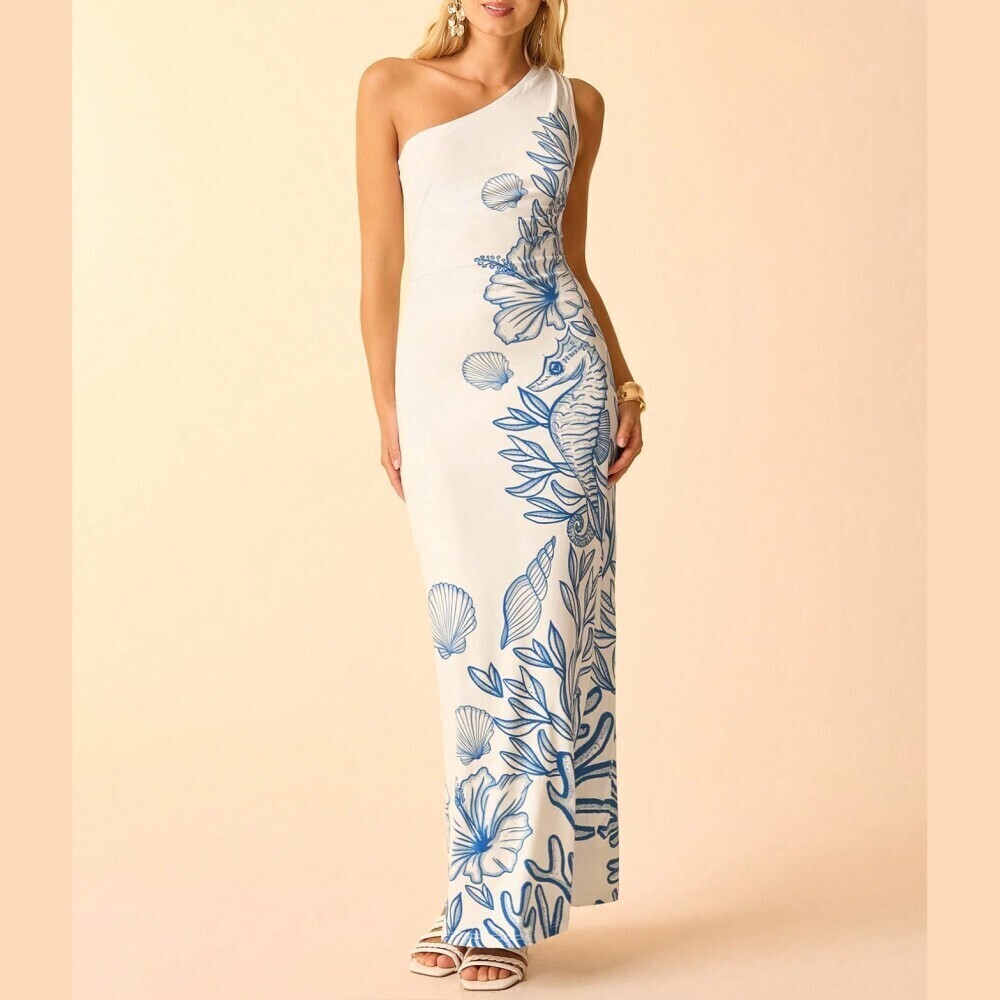 Ivory Blue Seahorse Print One-Shoulder Maxi Dress
